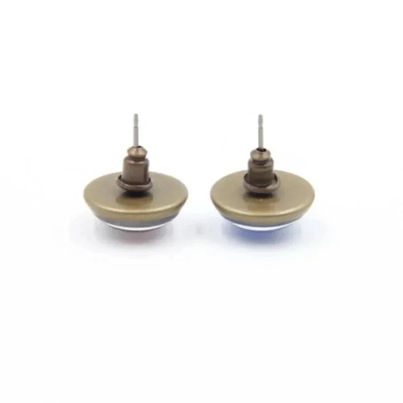 Yin Yang Zen Blue White Black Glass Cabochon Round Antique Bronze Stud Earrings - Picture 3 of 3